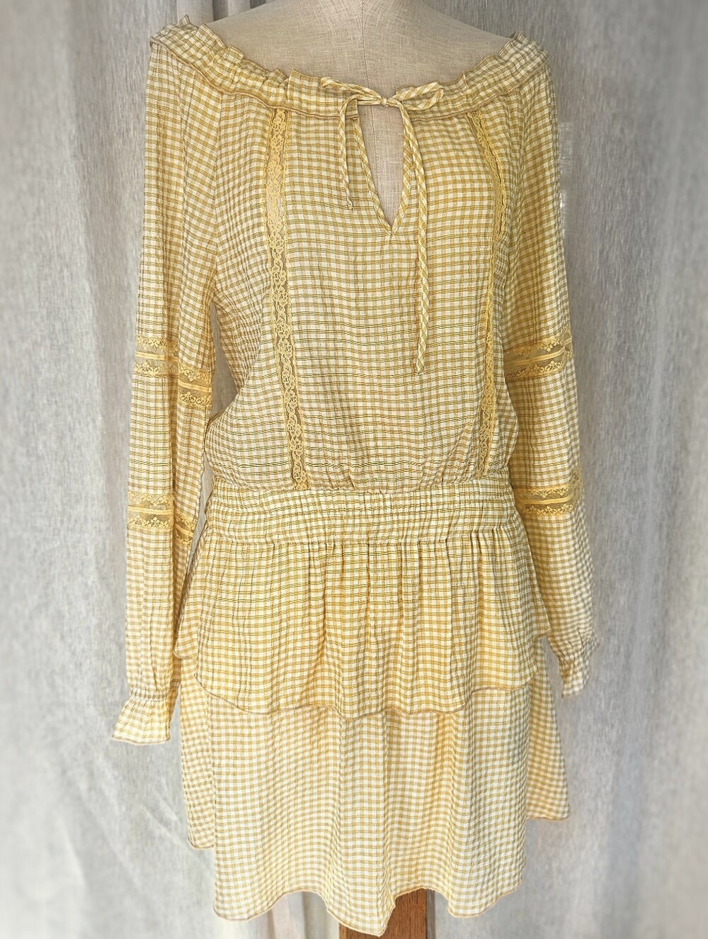 Drop Waist Yellow Gingham Off Shoulder Short Dress Small